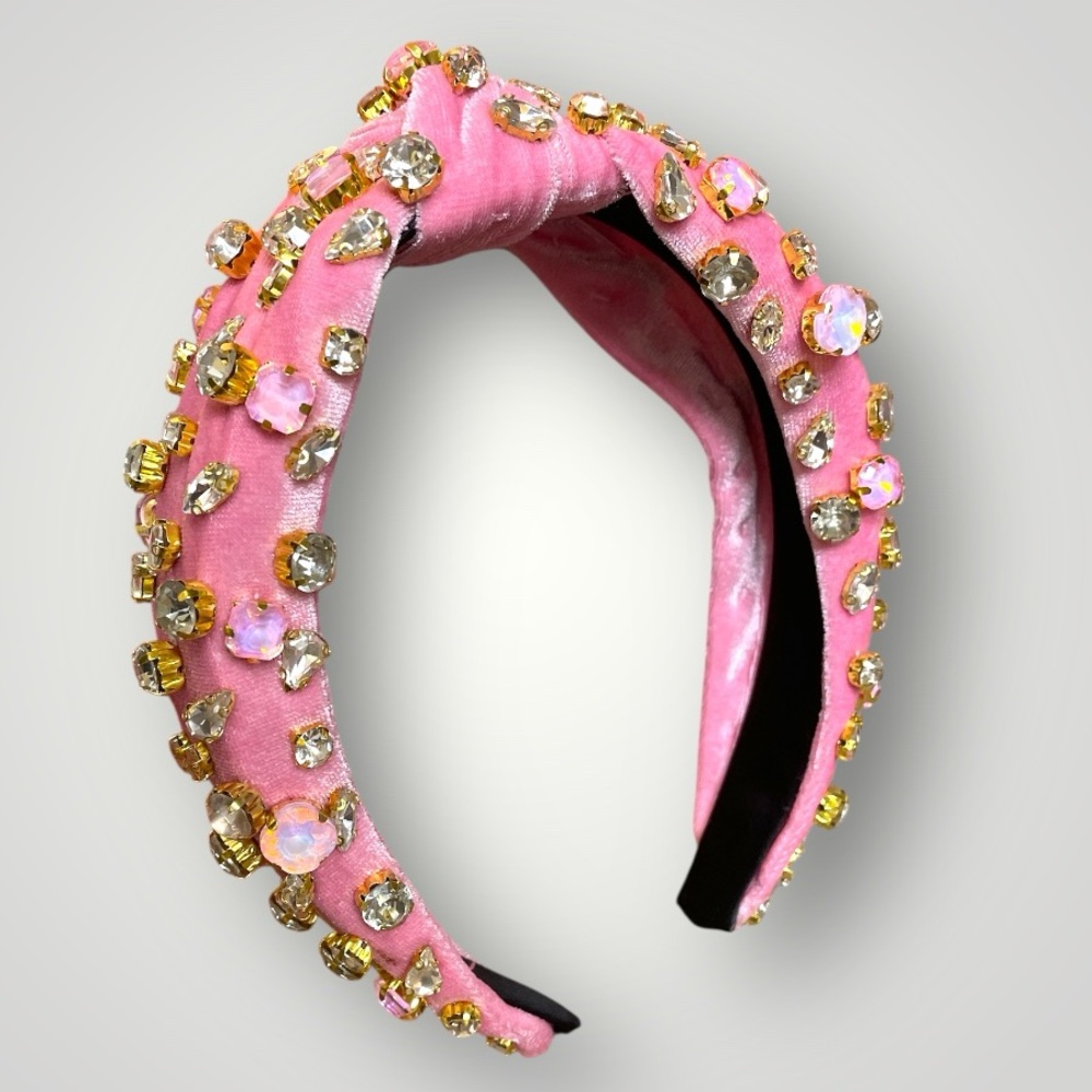 ✨ Rhinestone Knotted Velvet Headband – Pink Rainbow Crystal ✨ - Picture 2 of 10